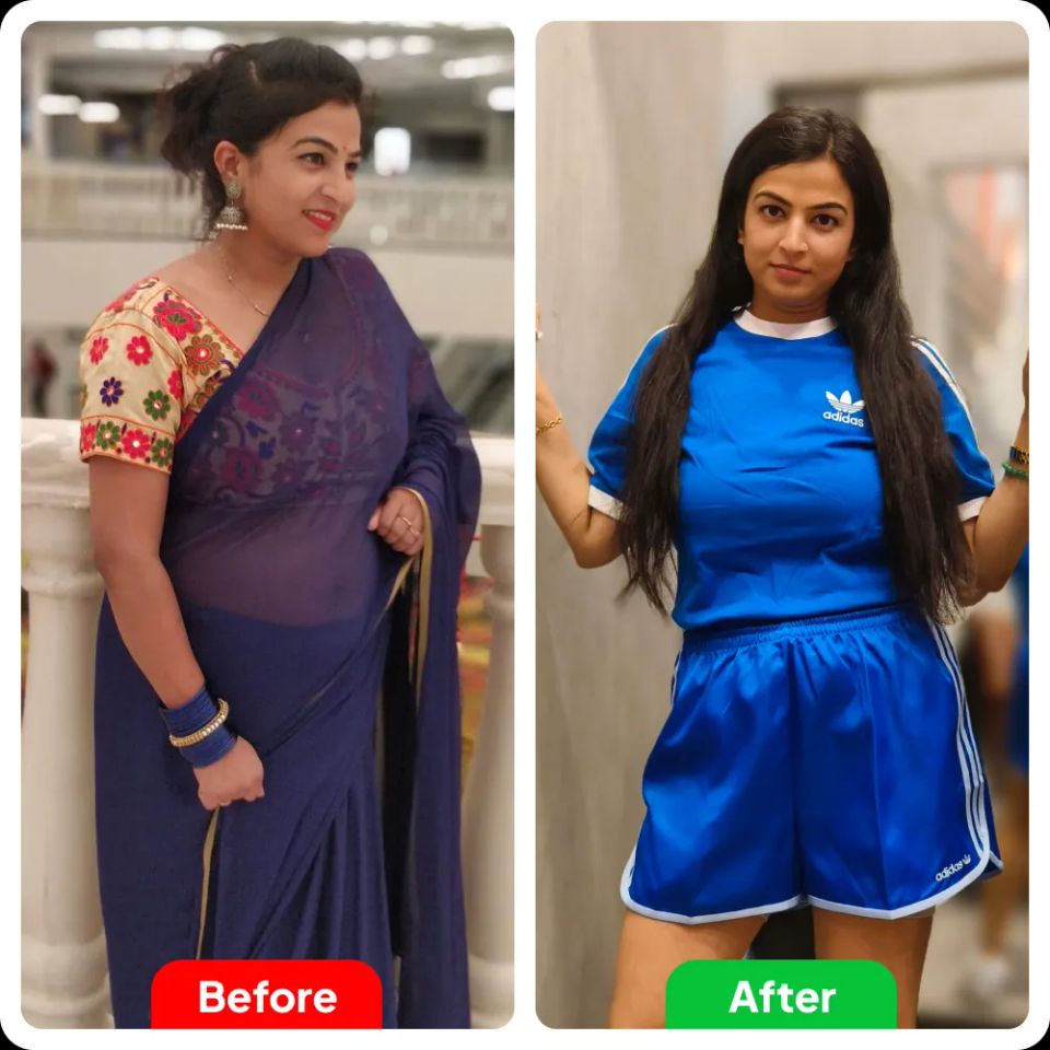 Jyoti before and after her weight loss: in a saree, then in workout clothes
