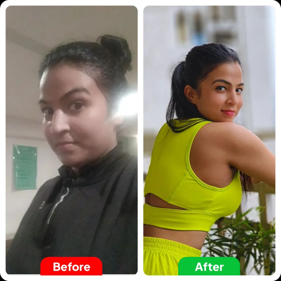 Jyoti before and after her weight loss: close-up, then in a green workout top