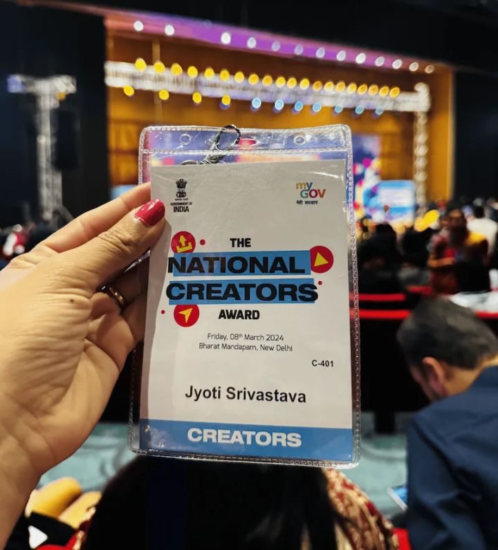Jyoti’s Creators badge for The National Creators Award at Bharat Mandapam, New Delhi, 8 March 2024