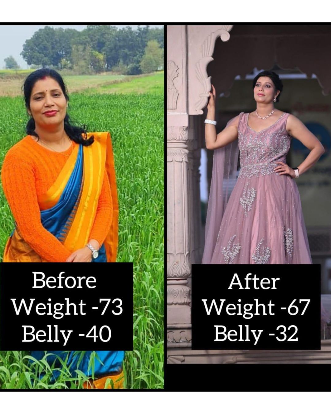 FunDa member before and after: weight 73 to 67 kg, belly 40 to 32 inches